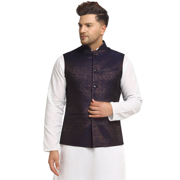 Sleeveless Traditional Brocade Silk Fabric Navy Blue Nehru Jacket by Treemoda - Picture 1 of 5